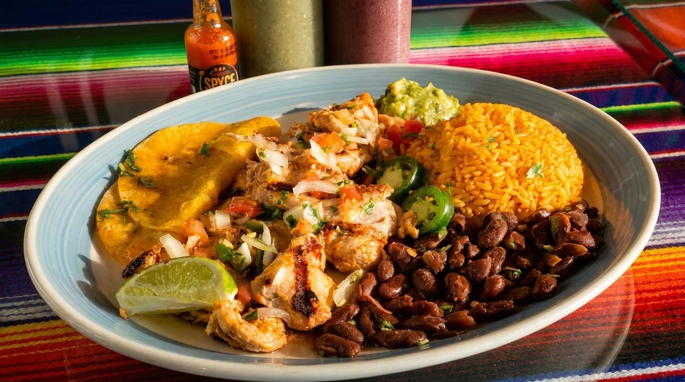 Grilled chicken, rice, beans, guacamole, and tortillas on a blue plate with hot sauce.