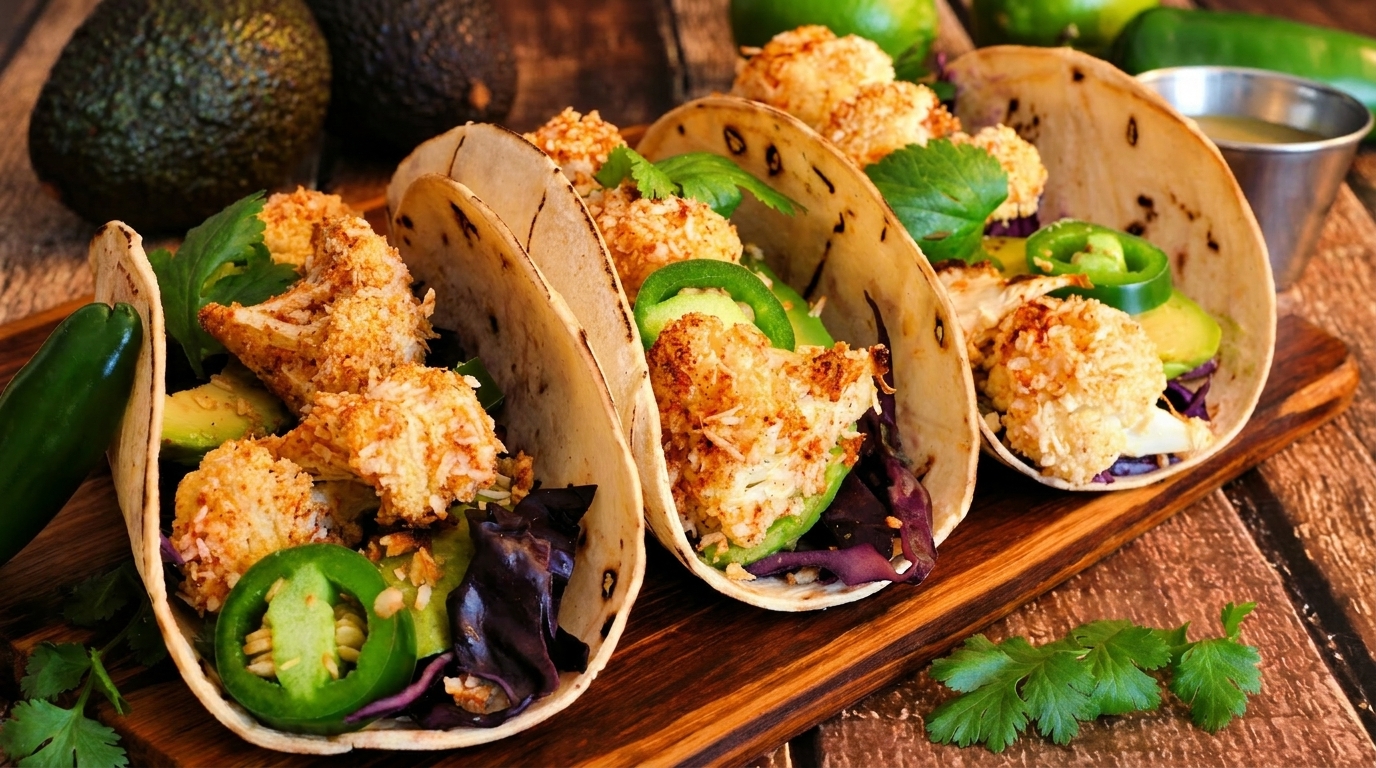 Four cauliflower tacos with avocado, red cabbage, and jalapeños on a wooden board.