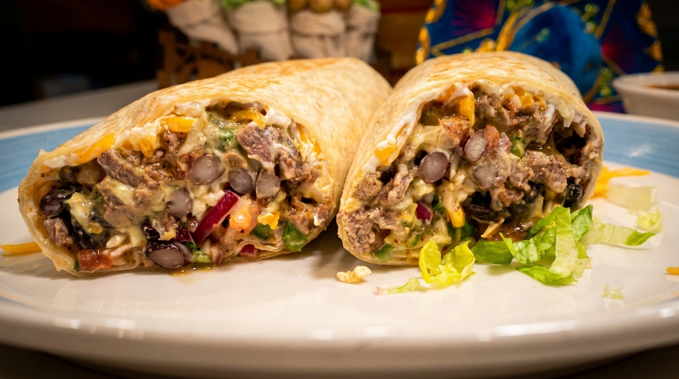 Two large burritos, cut in half, filled with meat, beans, cheese, and vegetables on a white plate.