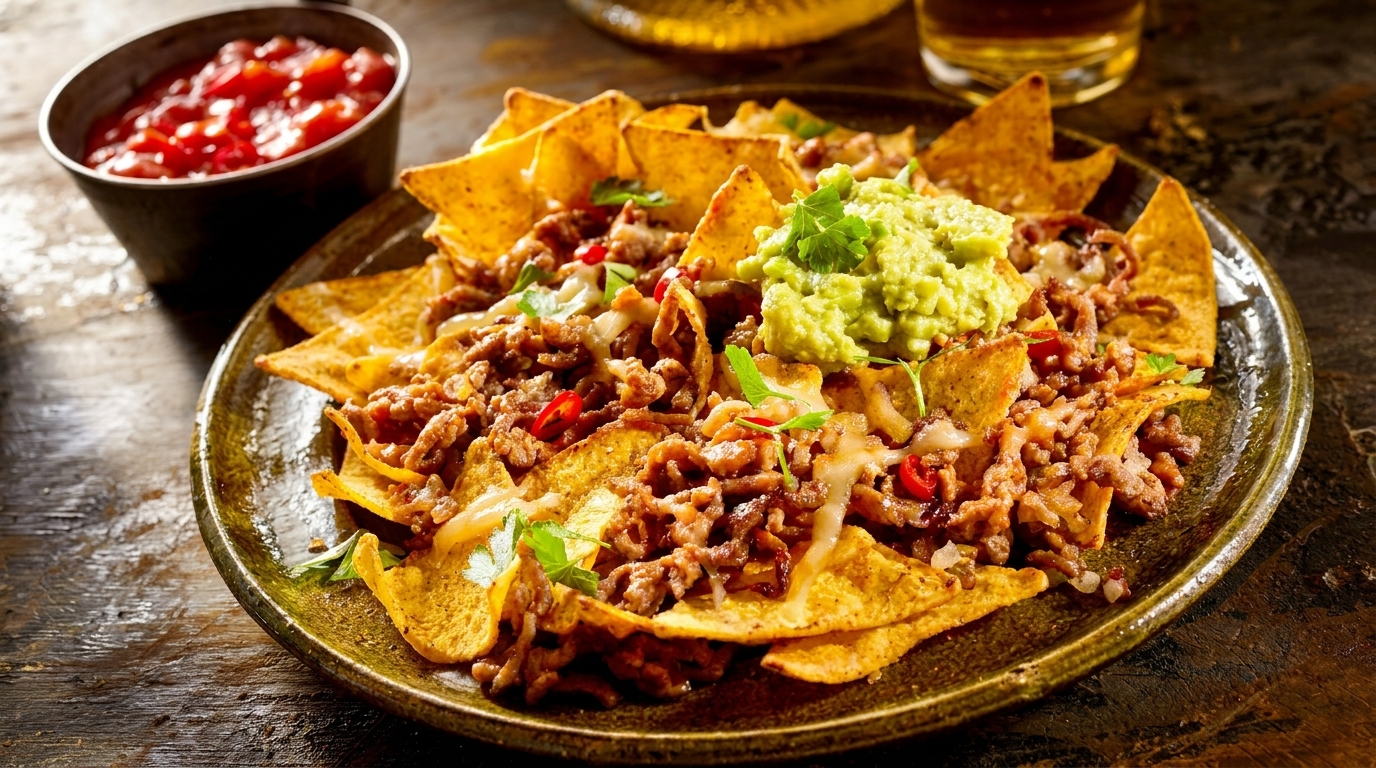 A plate of nachos with ground meat, melted cheese, guacamole, and a side of salsa.