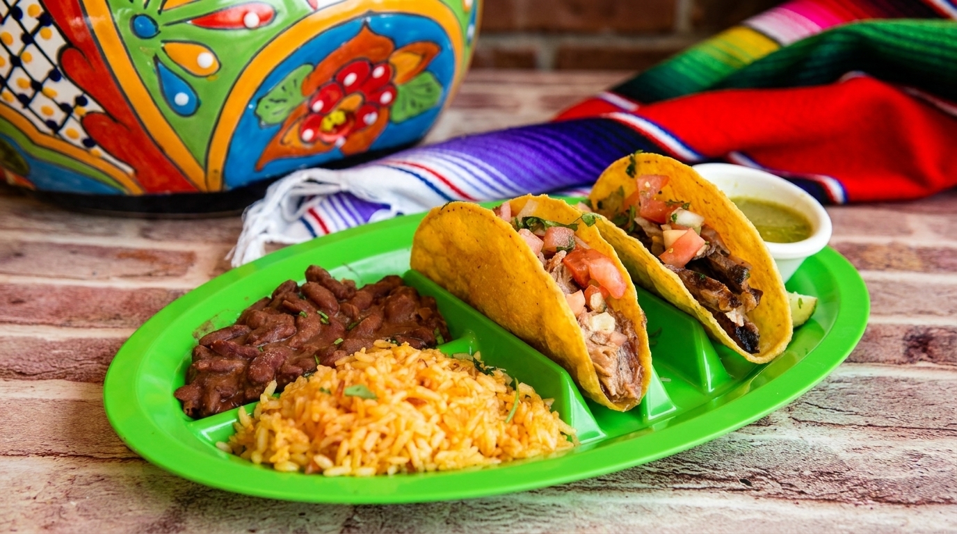 Two tacos with rice and beans on a green plate, with a colorful bowl and serape in the background.