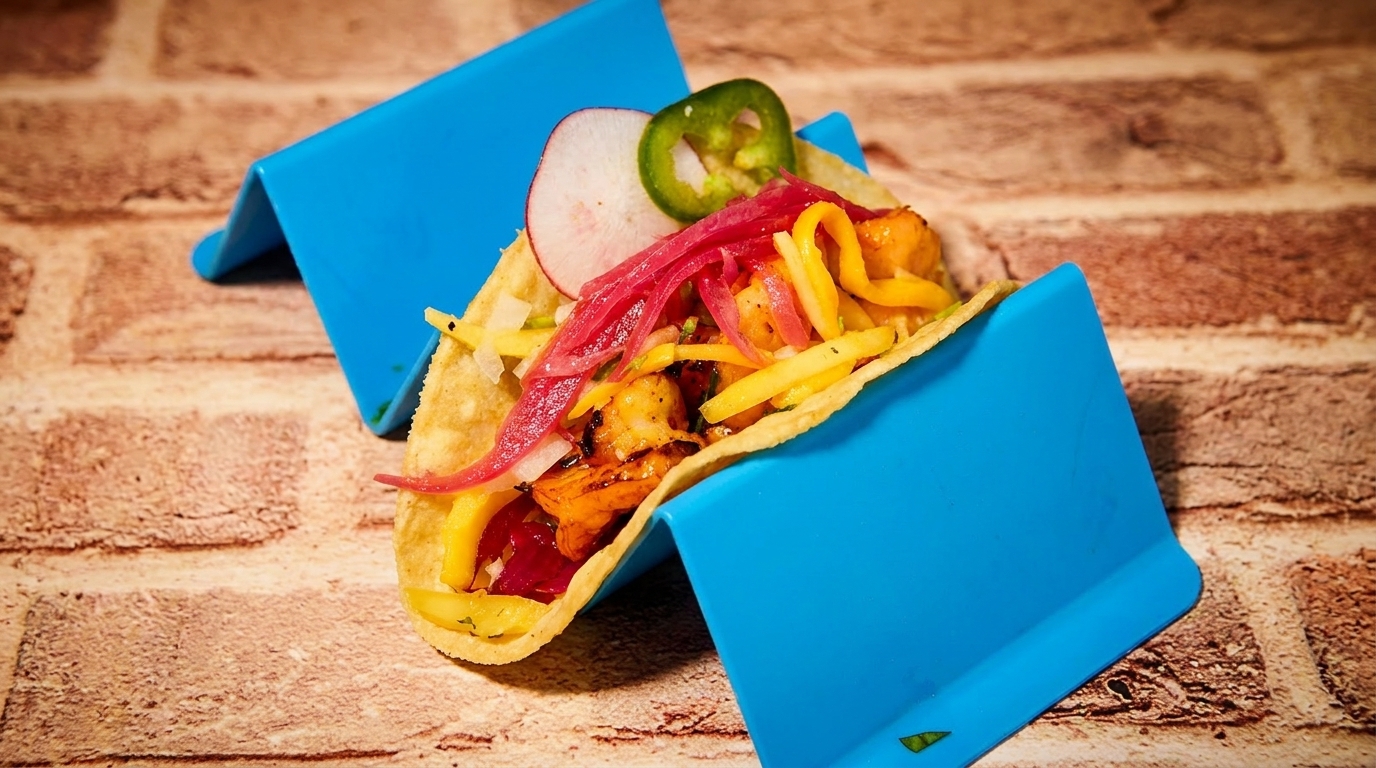 A vibrant shrimp taco in a blue holder, topped with pickled onions, mango, radish, and jalapeño.