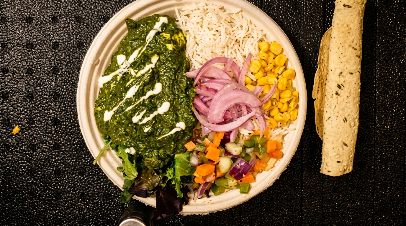 A vibrant Indian meal in a bowl with palak paneer, rice, corn, salad, and a side of papadum.