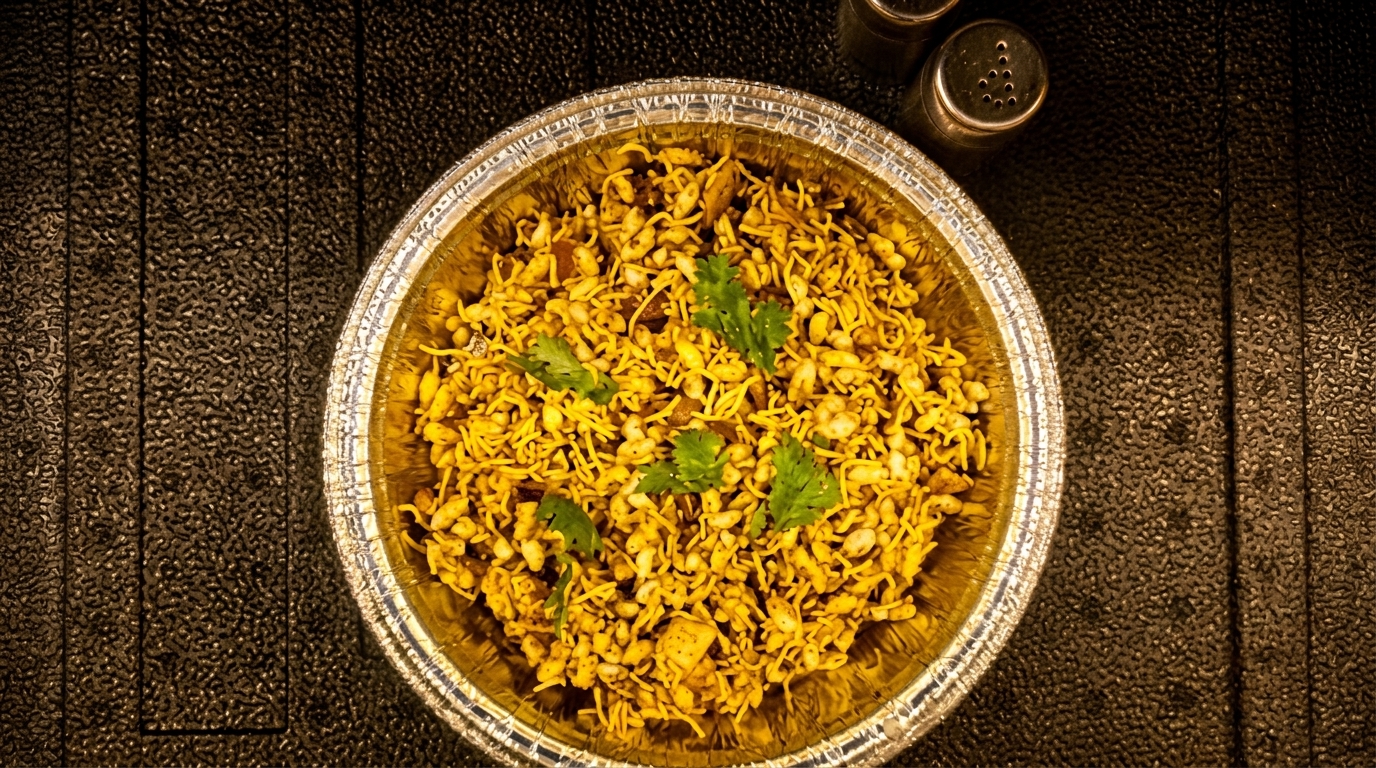 Overhead view of a foil bowl filled with golden Bhel Puri, garnished with fresh cilantro.