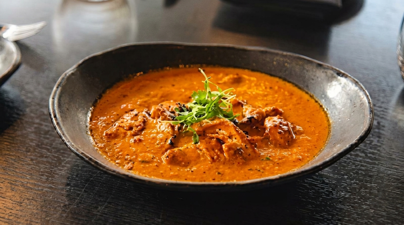 A dark bowl of orange chicken curry with fresh green herbs on a dark wooden table.