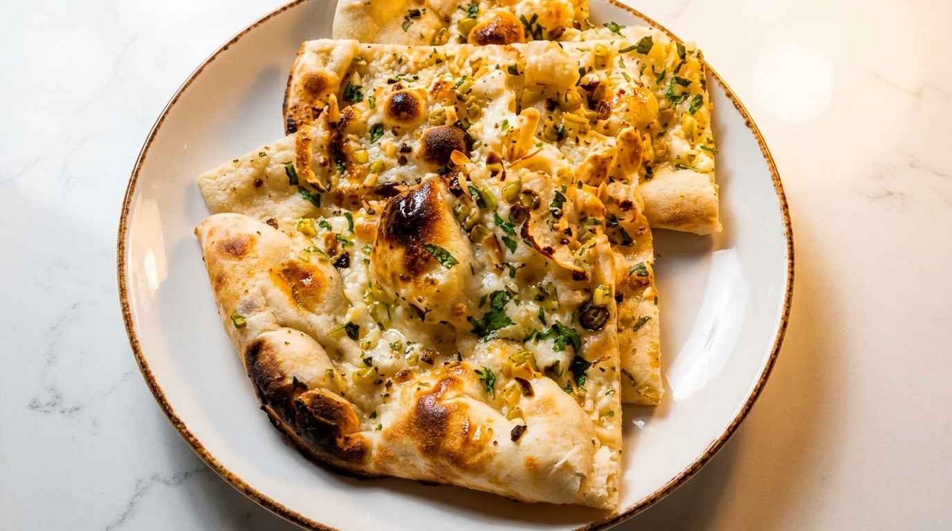 Golden-brown naan bread, topped with herbs and spices, served on a white plate.