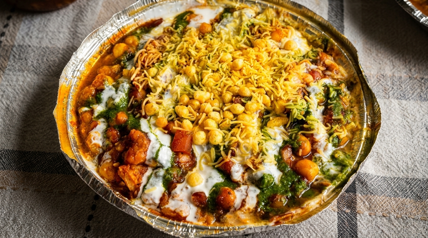 Close-up of a colorful Indian chaat dish in a foil container, topped with sauces and crispy noodles.