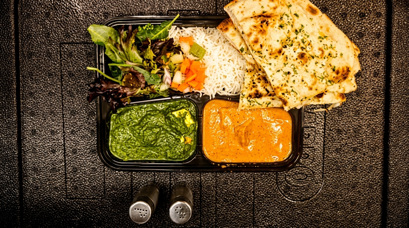 Indian takeout meal with naan, rice, salad, palak paneer, and butter chicken in a black container.