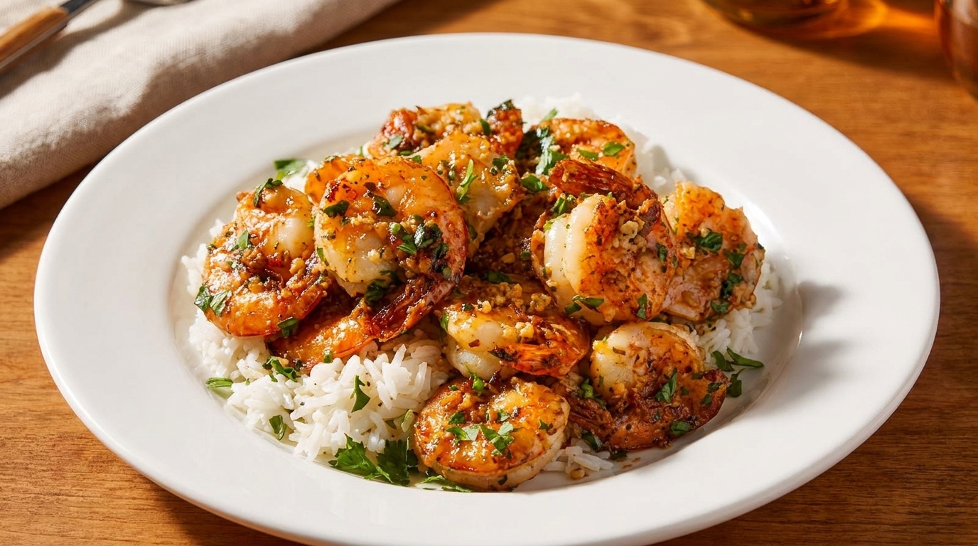 A white plate holds a generous serving of garlic shrimp over white rice, garnished with parsley.