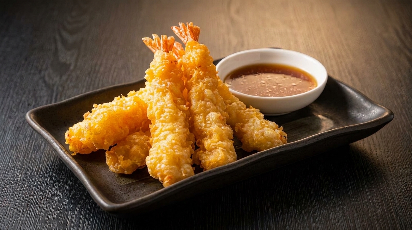 Crispy golden tempura shrimp with a side of dipping sauce on a dark rectangular plate.