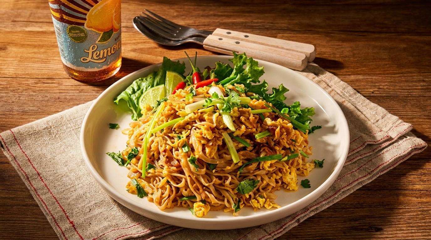 A plate of Pad See Ew noodles with scrambled egg, lime, chili, and lettuce, next to a lemon drink.