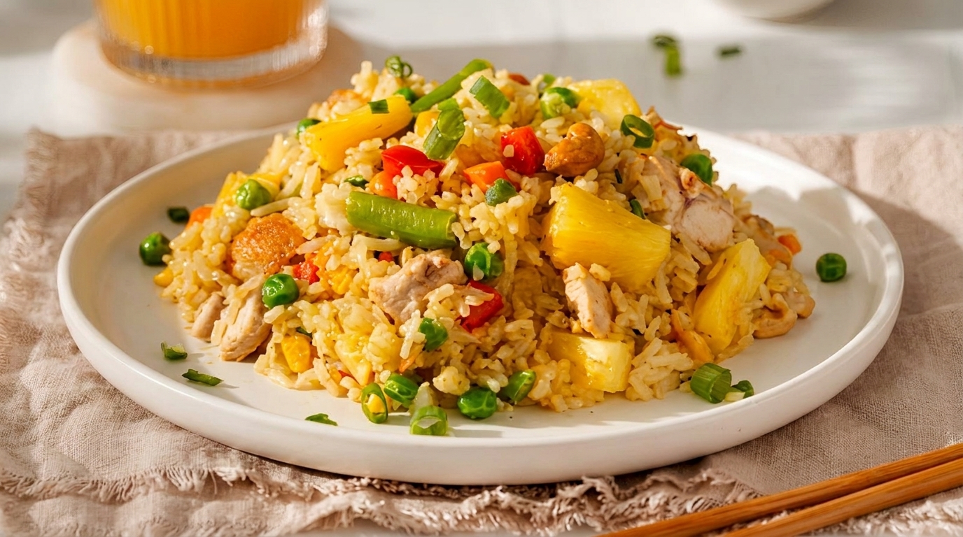 Close-up of pineapple fried rice with chicken, peas, carrots, and cashews on a white plate.
