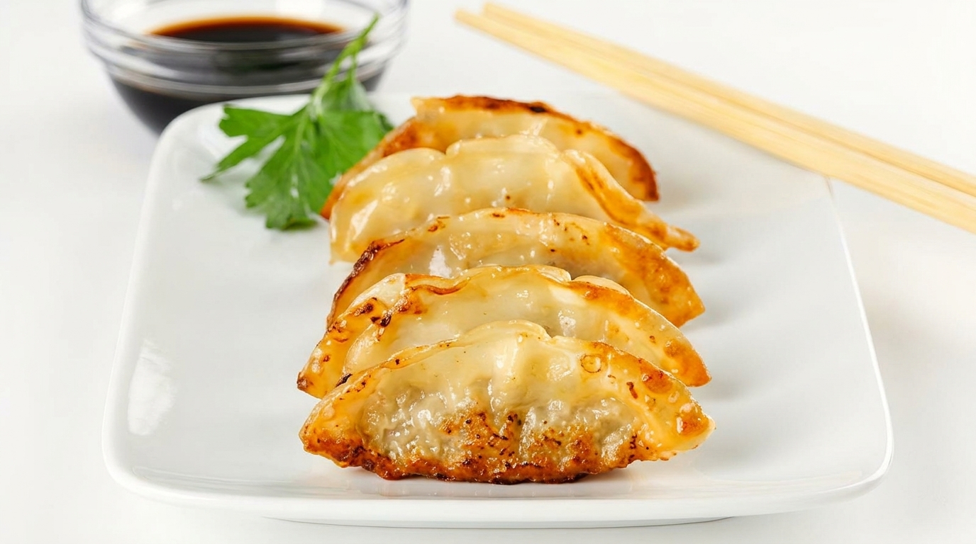 Five golden-brown pan-fried dumplings with a side of soy sauce, parsley, and chopsticks.
