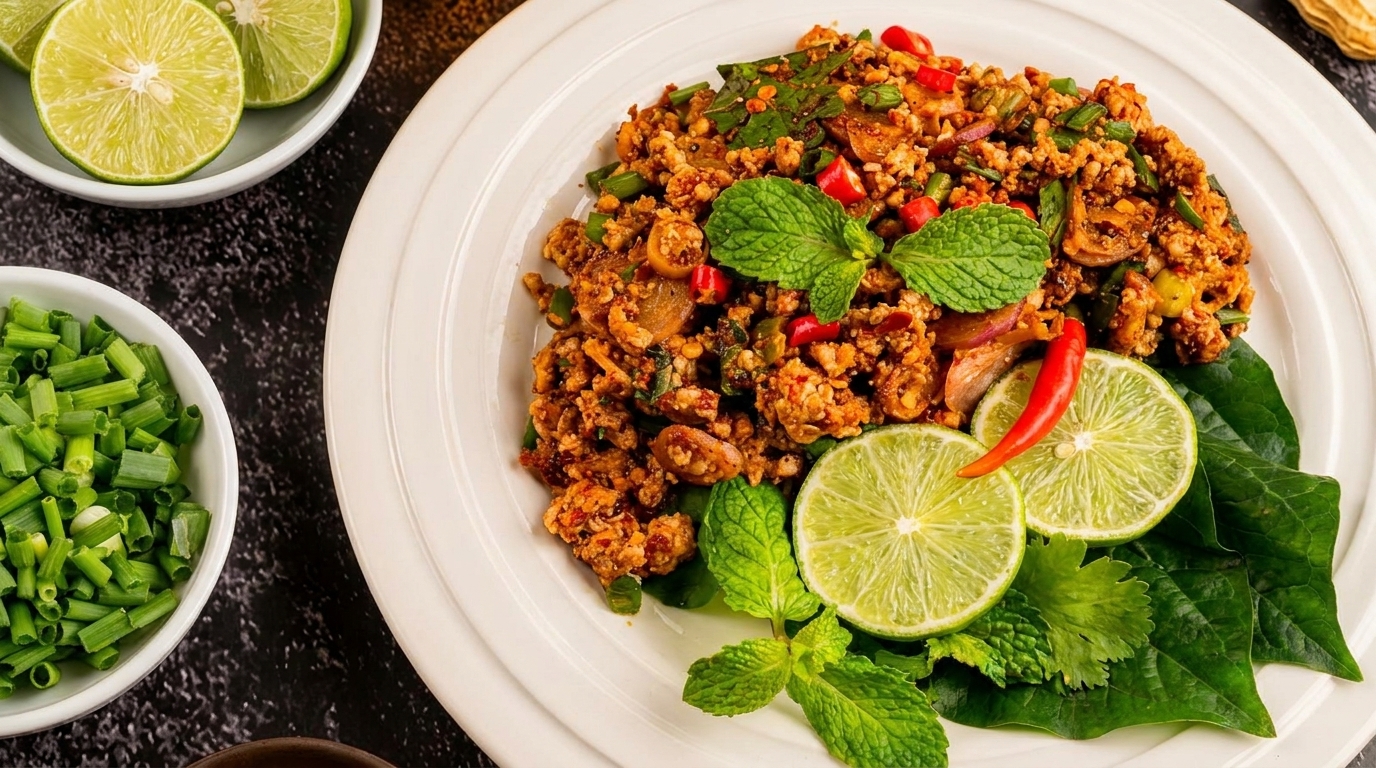Spicy Thai larb with minced meat, herbs, chili, and lime on a white plate.