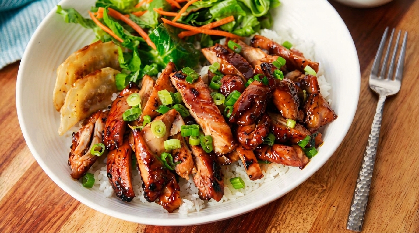 Teriyaki chicken and dumplings with rice and a side salad, garnished with green onions.