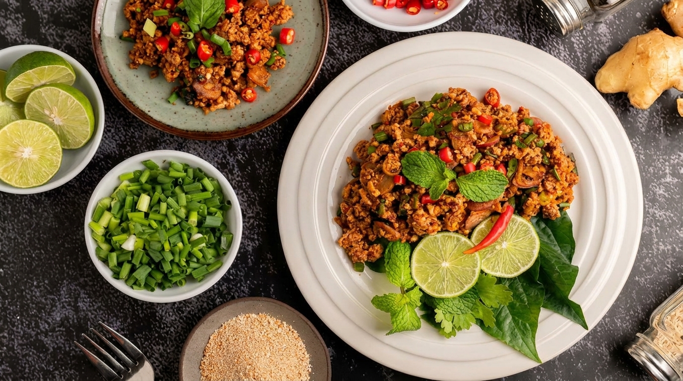Two plates of spicy minced meat salad with fresh herbs, limes, and chili peppers.