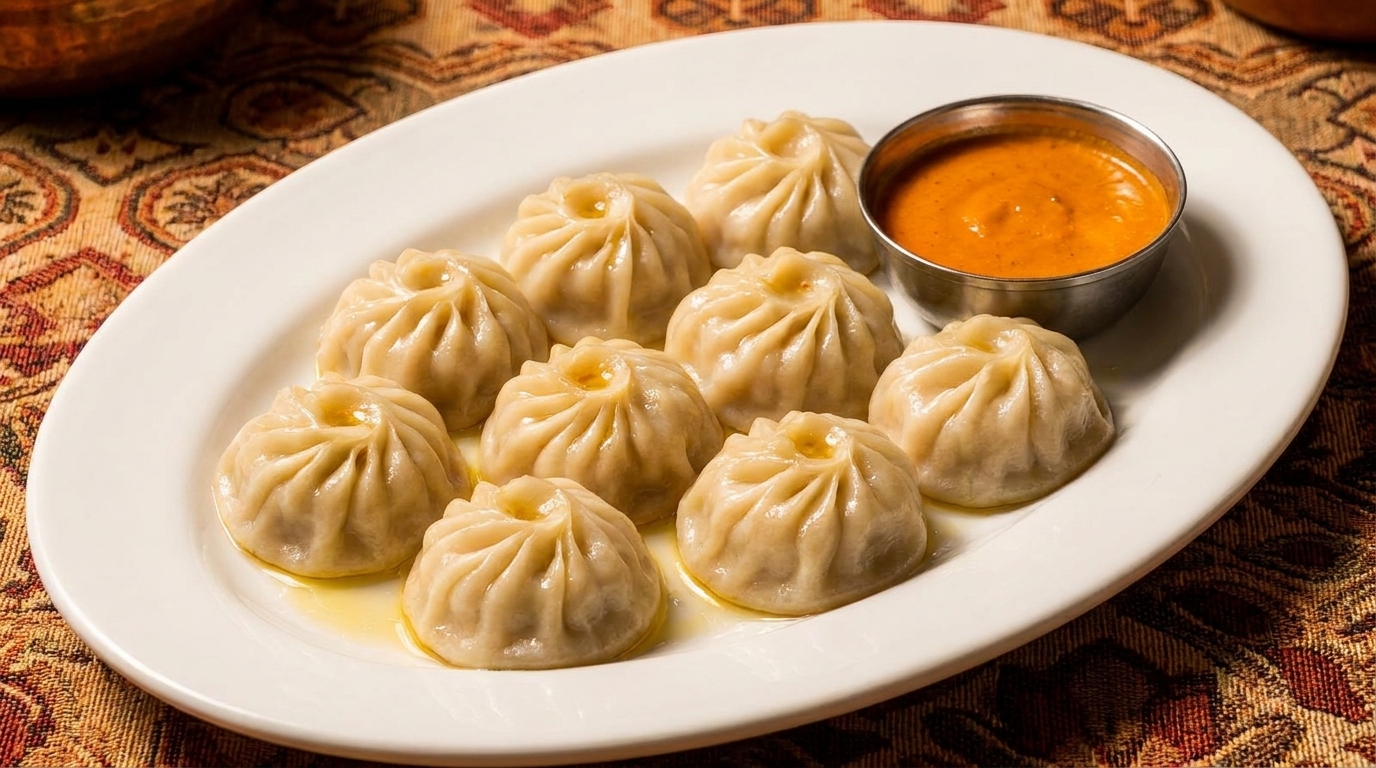 A white oval plate holds nine steamed momo dumplings and a small metal cup of orange dipping sauce.