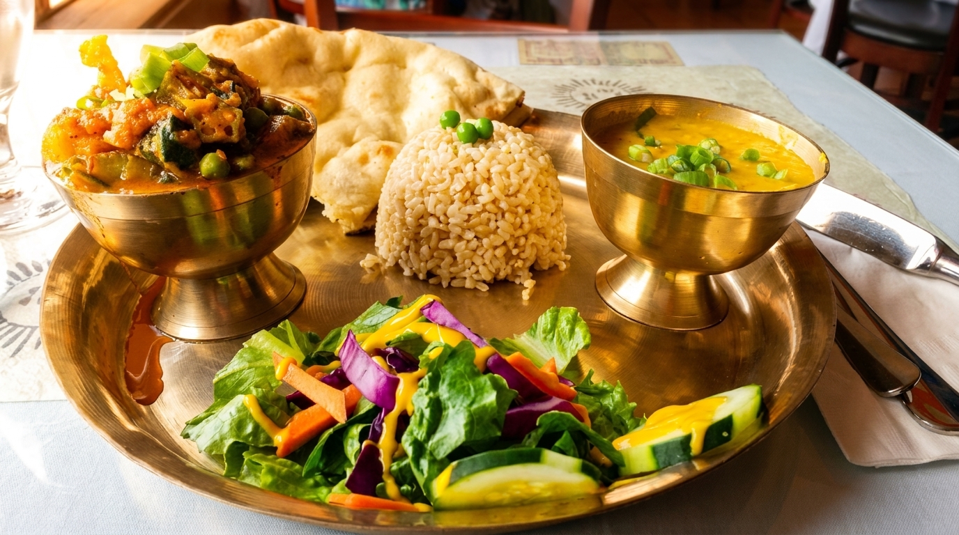 A Nepali Thali set with curry, dal, rice, naan, and salad on a brass plate.
