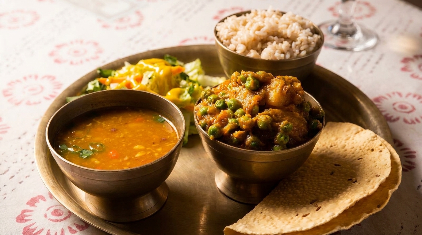 A traditional Indian thali with dal, aloo matar, rice, salad, and papadums on a brass tray.