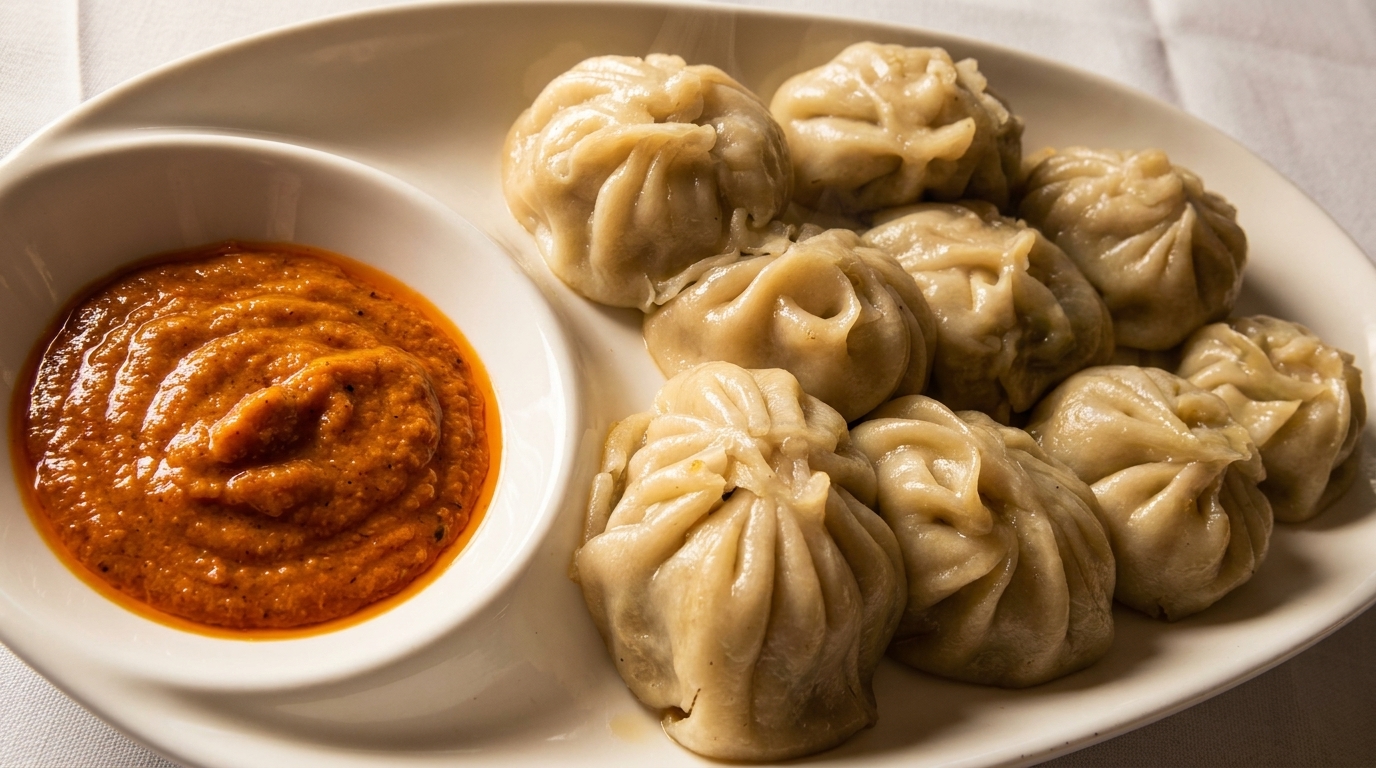 Steaming momos, traditional dumplings, served with a vibrant orange dipping sauce on a white plate.