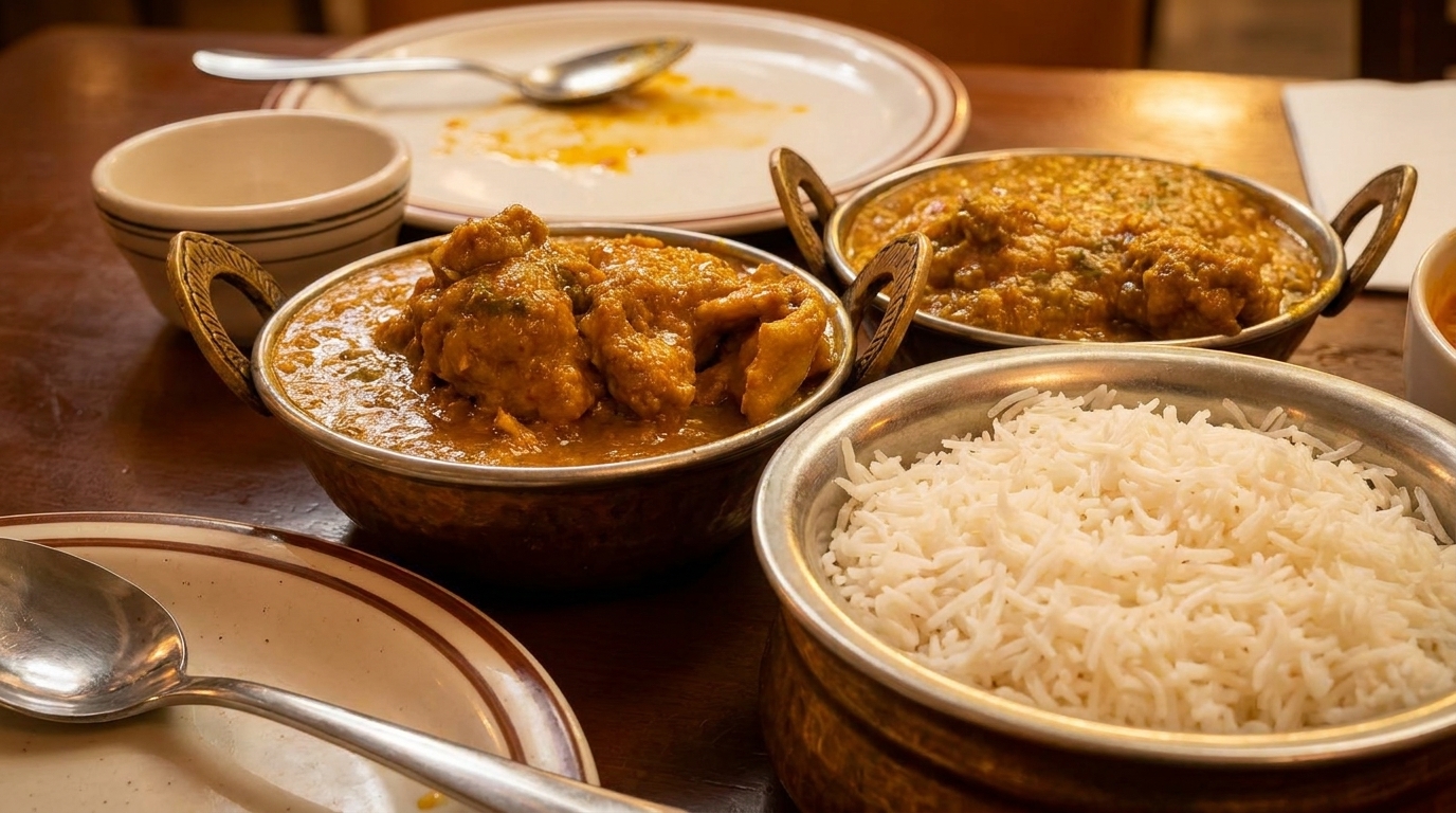 Indian curries and white rice in metal bowls on a wooden table with empty plates.