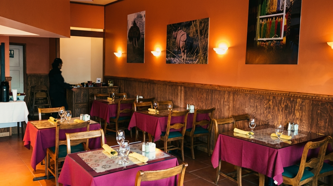 Restaurant dining room with orange walls, wood paneling, set tables with maroon tablecloths, and a person in the background.