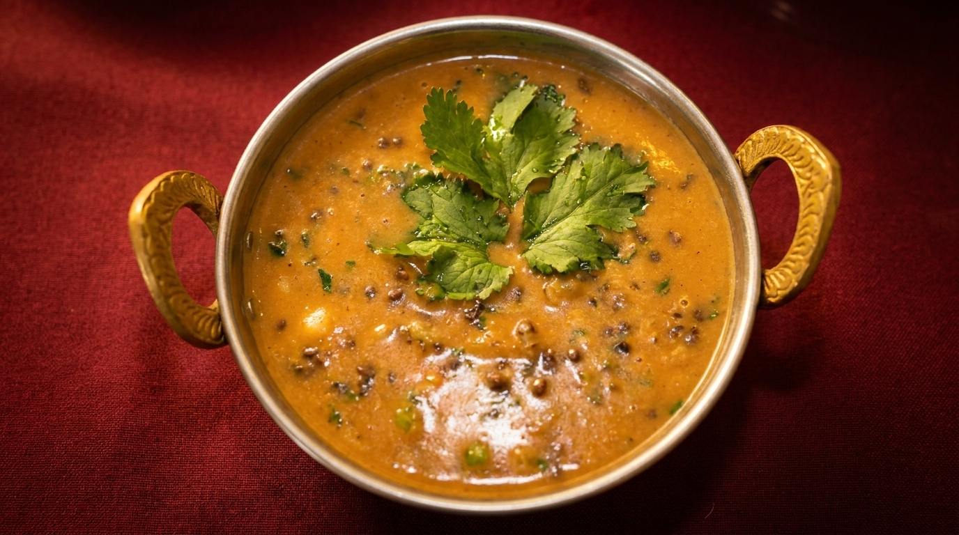 A metal bowl with ornate handles filled with a rich orange lentil curry, garnished with fresh cilantro.