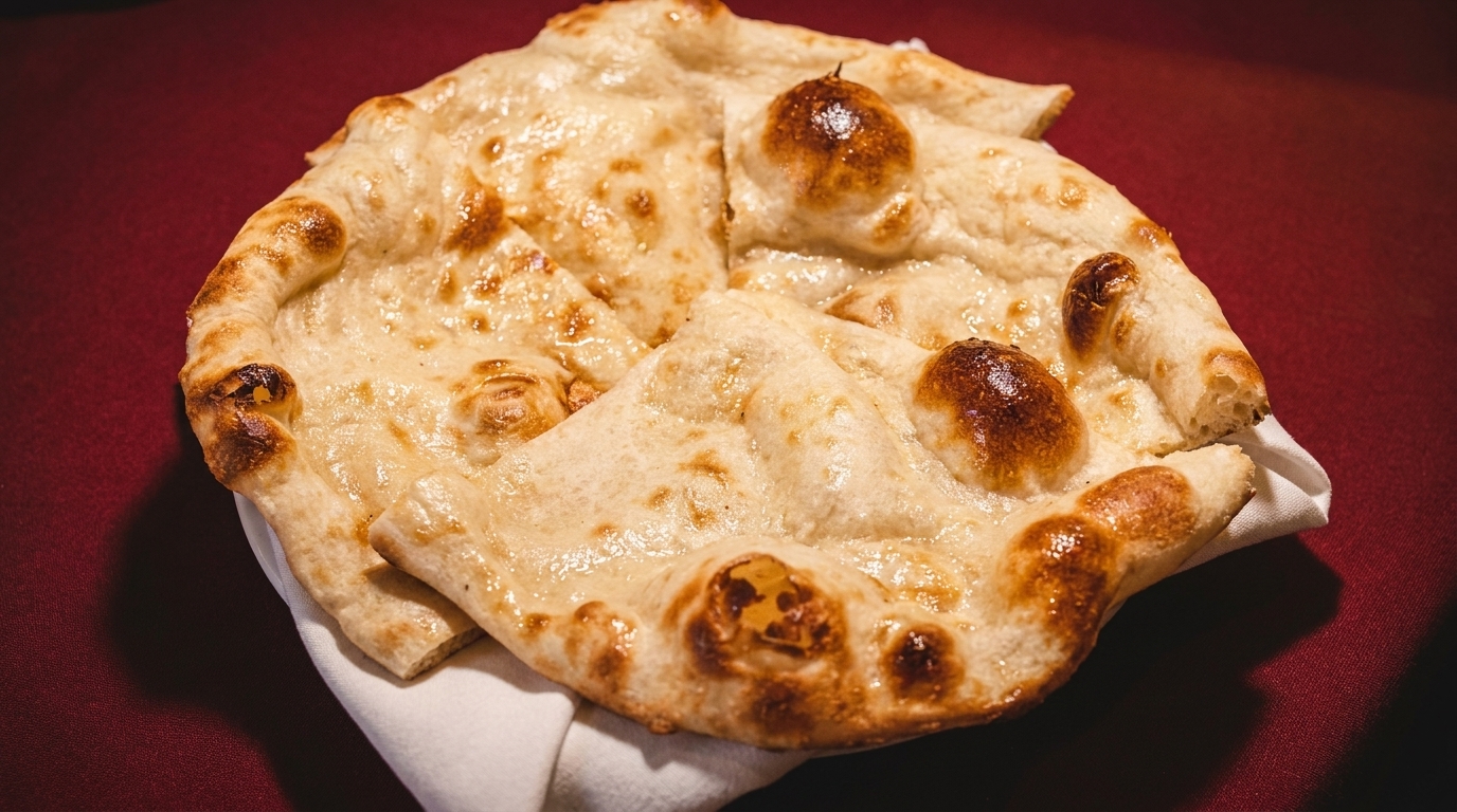 Freshly baked naan bread, golden brown and glistening, served on a white napkin against a red tablecloth.