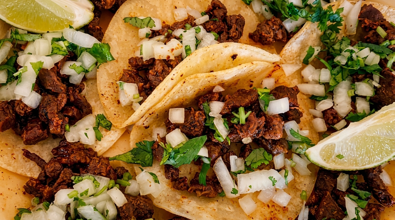 Close-up of several carne asada street tacos with diced onions, cilantro, and lime wedges.