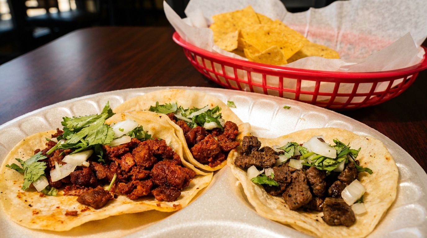Three tacos with meat, cilantro, and onions on a white plate, with a basket of chips.