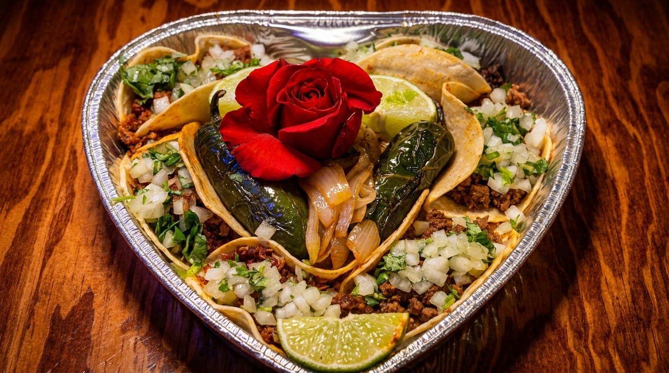 Heart-shaped tray of tacos with ground meat, onions, cilantro, limes, jalapeños, and a red rose.