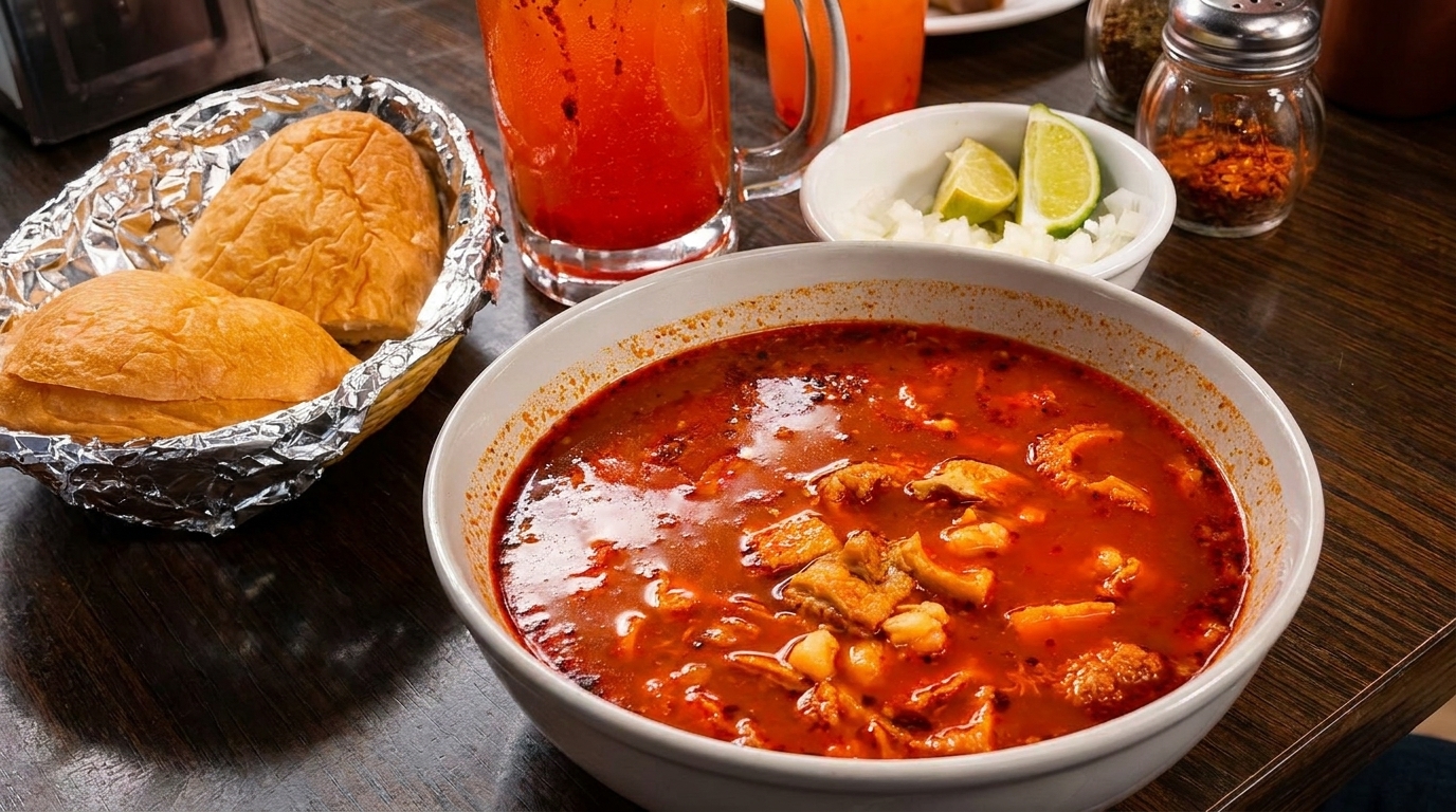 Hearty red menudo soup with bread rolls, lime, onions, and spicy condiments on a wooden table.