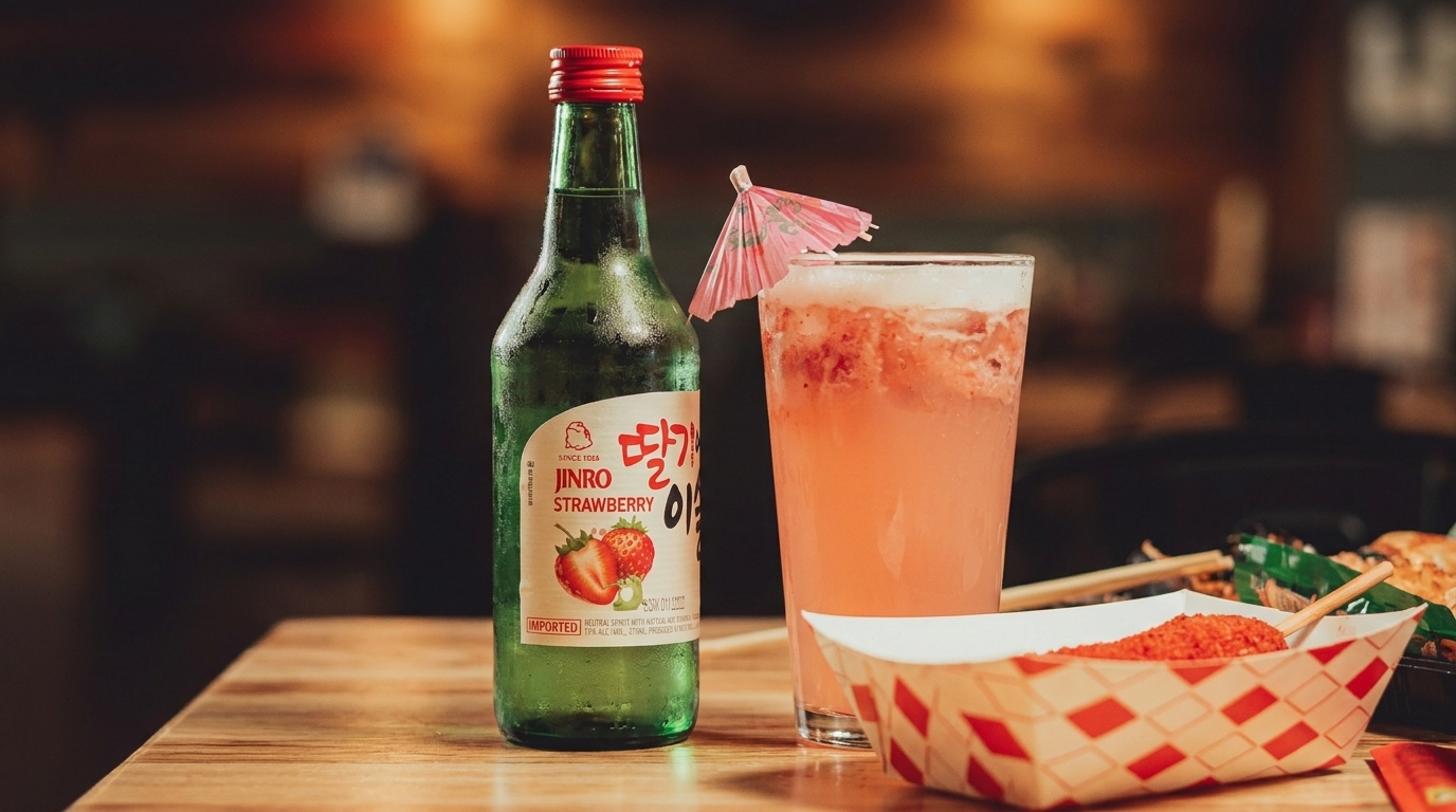 Strawberry soju bottle, pink cocktail with umbrella, and Korean corn dog on a wooden table.