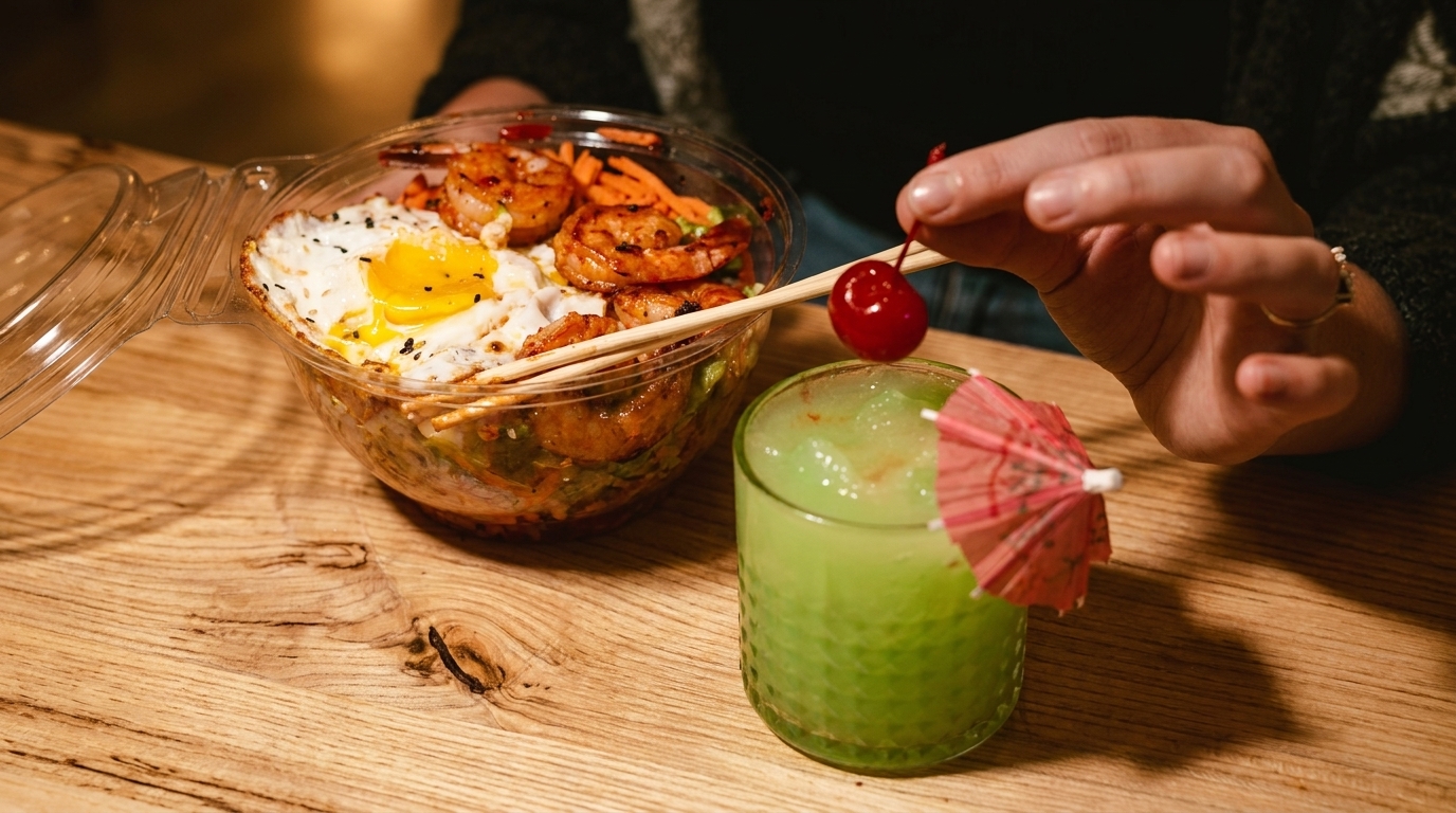 A person garnishes a green drink with a cherry next to a shrimp and egg rice bowl.