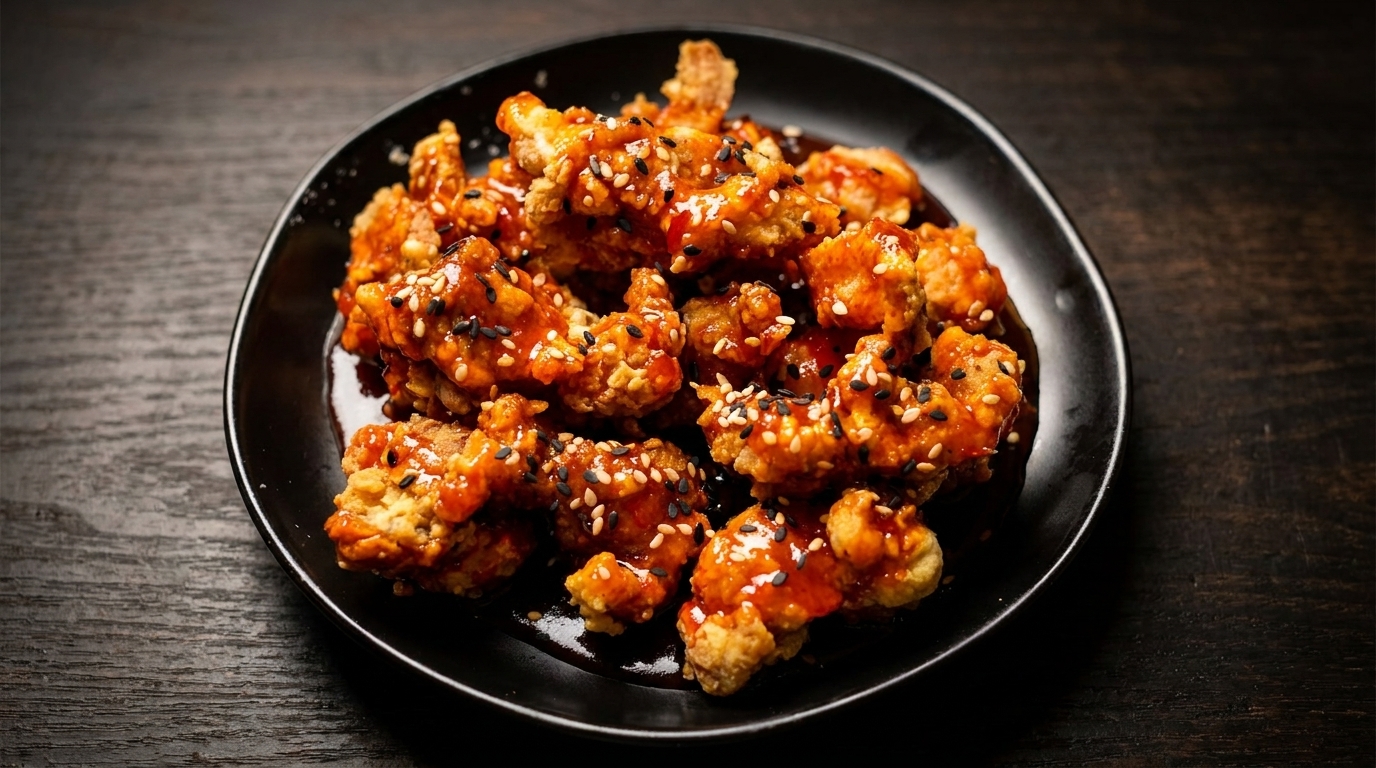 Crispy Korean fried chicken pieces coated in a glossy orange sauce, topped with white and black sesame seeds on a black plate.