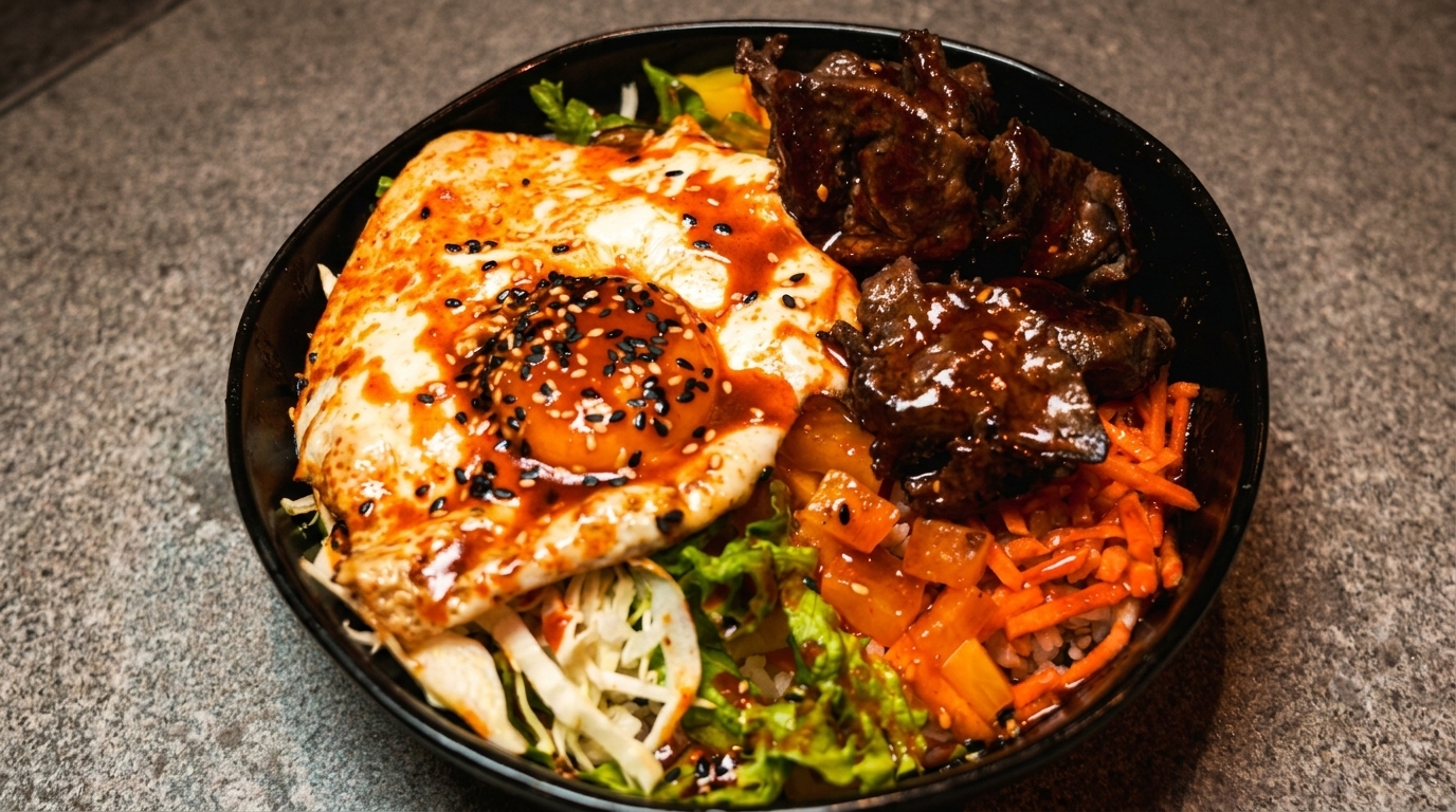A black bowl filled with Korean bibimbap, featuring beef, fried egg, and various vegetables.