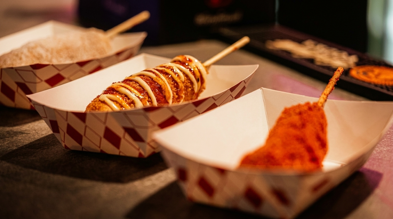 Three Korean corn dogs in paper trays, one with sugar, one with sauce, and one with red powder.