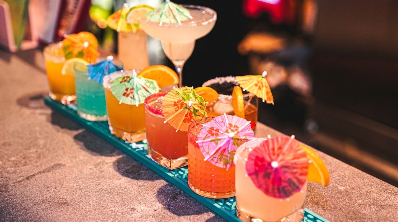 A vibrant row of colorful cocktails with umbrellas and fruit garnishes on a bar.