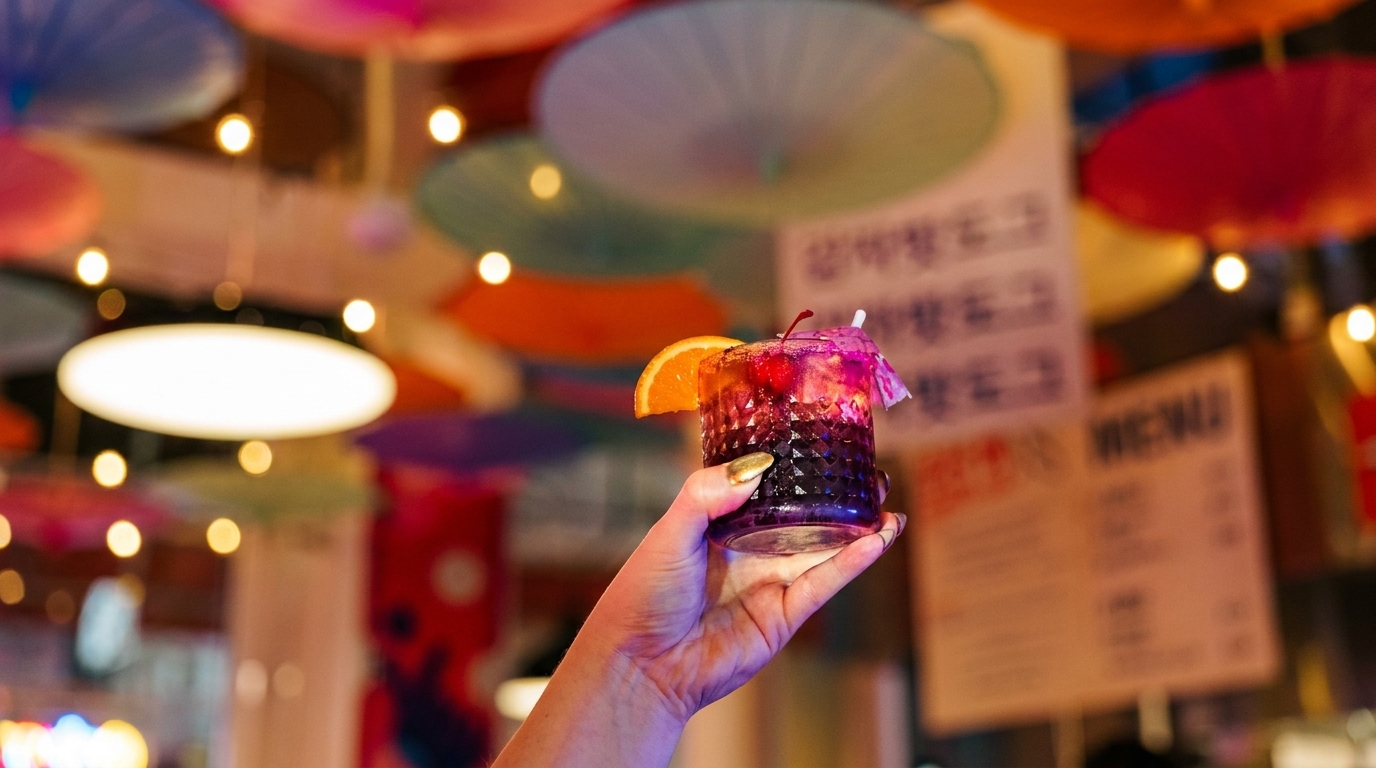 Hand holding a colorful cocktail with an orange slice and cherry, against a vibrant, umbrella-decorated background.