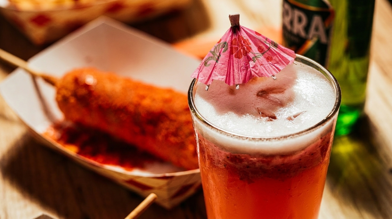 A vibrant red cocktail with a pink umbrella and a corn dog in a paper tray.