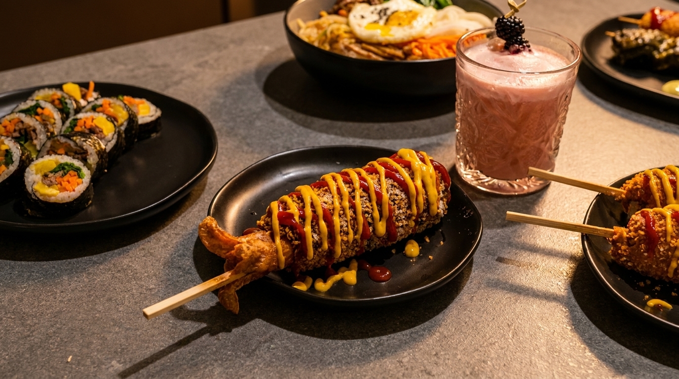 Korean corn dogs, kimbap, bibimbap, and a pink drink with a blackberry garnish on a table.