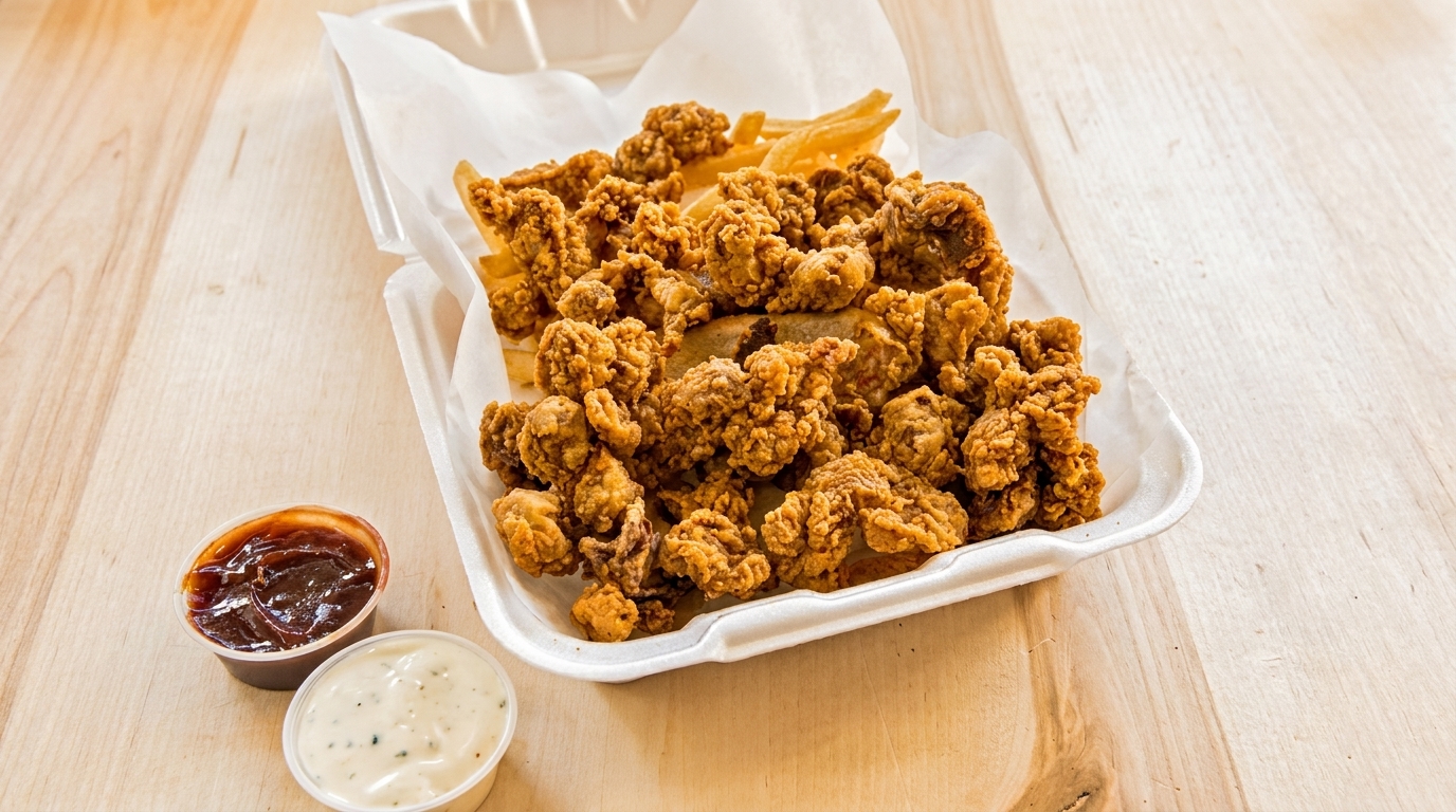 Fried clams and french fries in a takeout container, with two dipping sauces on a wooden table.