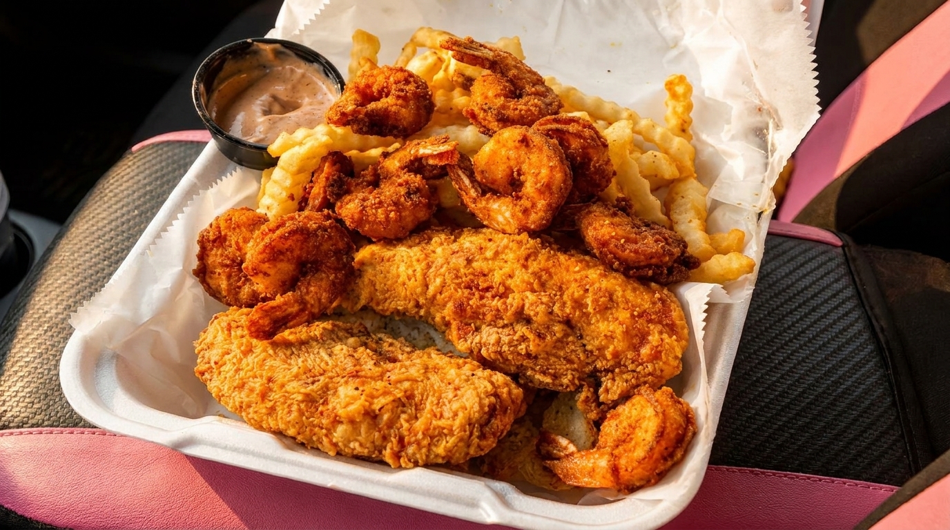 Fried shrimp and chicken tenders with crinkle-cut fries and dipping sauce in a white takeout container.