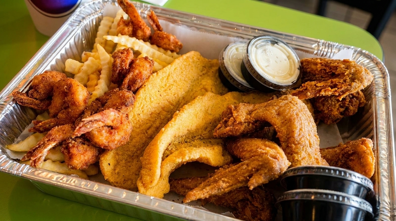 A large aluminum tray filled with fried shrimp, fish fillets, chicken wings, and crinkle-cut fries.