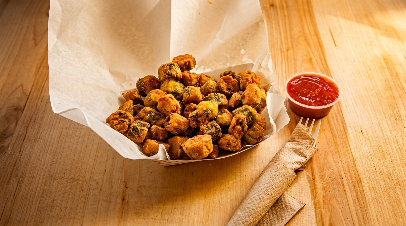 Fried okra in a paper tray with a side of red sauce and a wrapped fork on a wooden table.