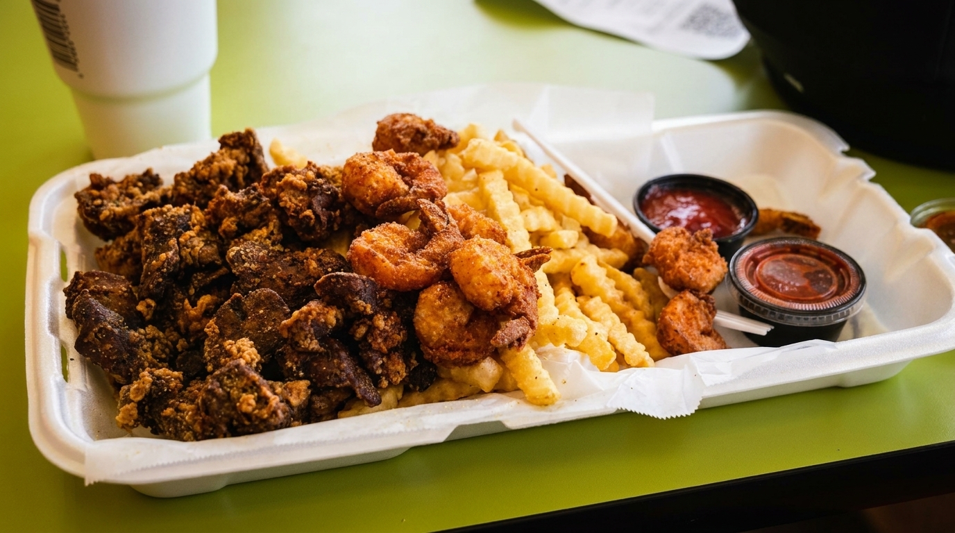 A takeout container filled with fried gizzards, fried shrimp, crinkle-cut fries, and dipping sauces.