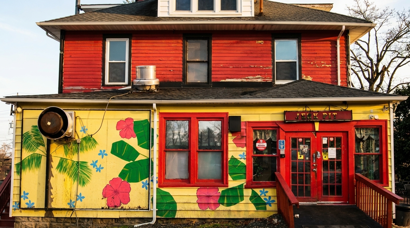 The Jelly Pit restaurant exterior, a vibrant red and yellow building with tropical murals and red doors.