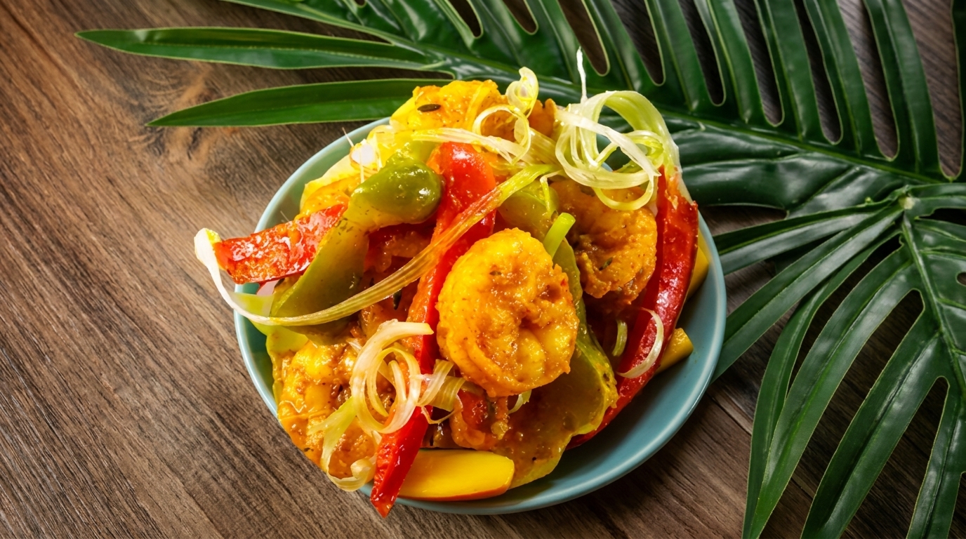 A vibrant dish of shrimp, red and green bell peppers, and onions on a blue plate.