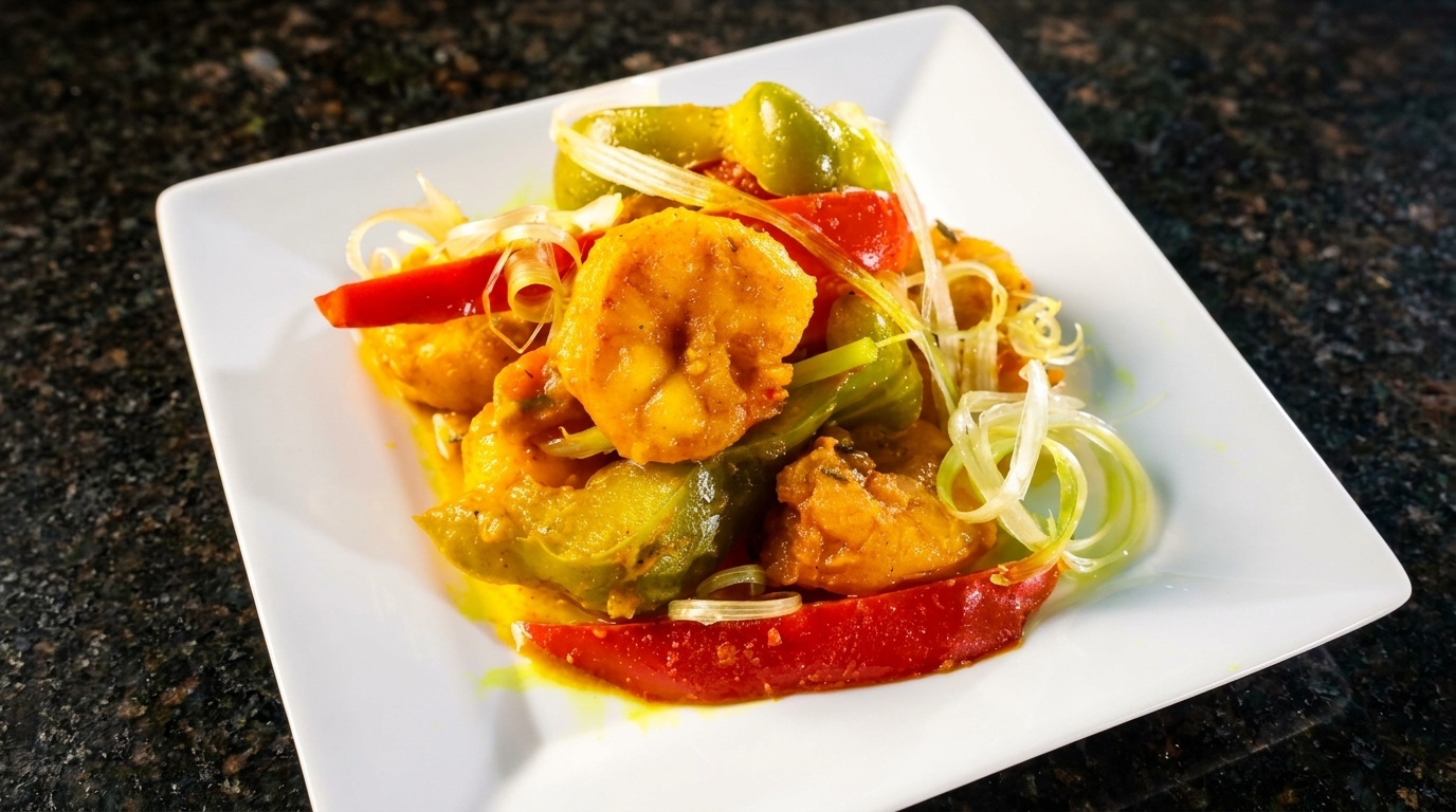 Curried shrimp and chicken with red and green bell peppers and sliced scallions on a white plate.
