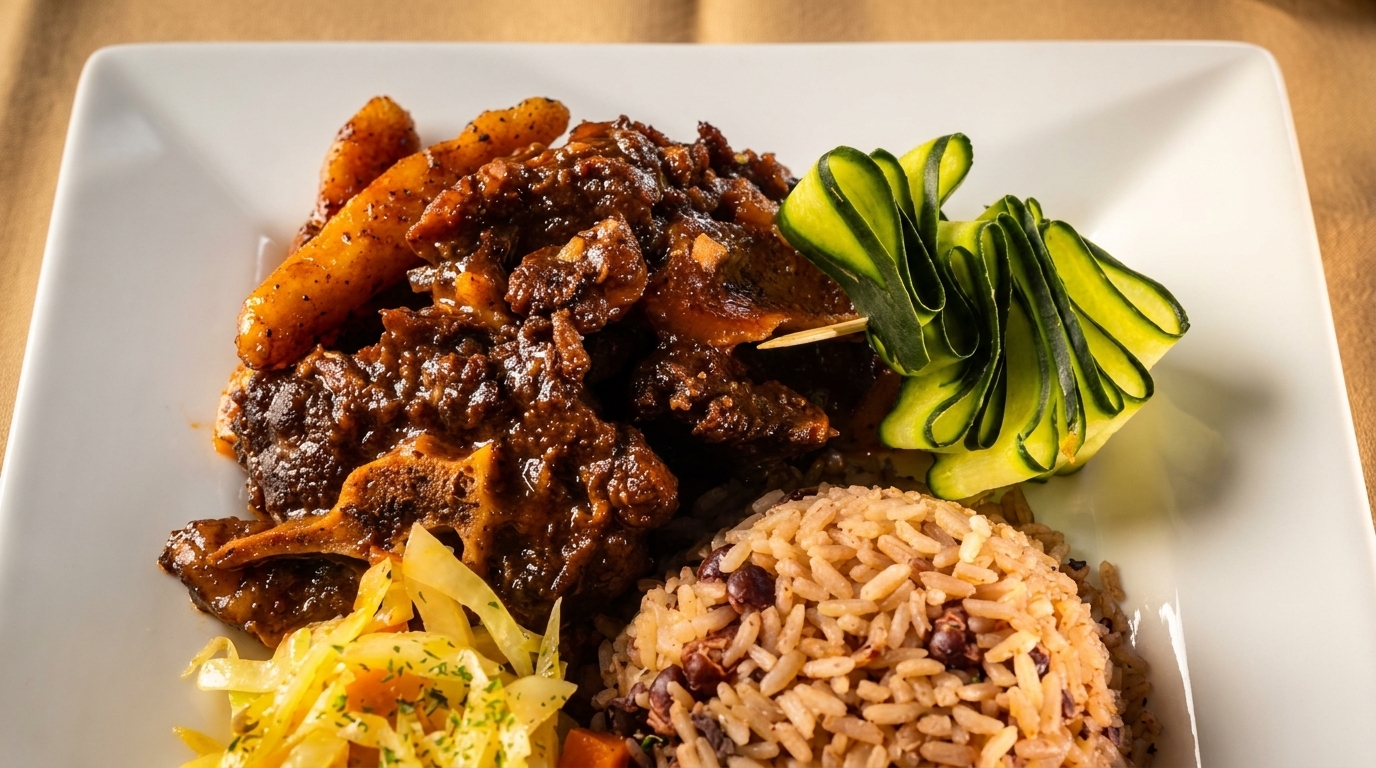 Oxtail stew with rice and peas, fried plantains, and a cucumber garnish on a white plate.